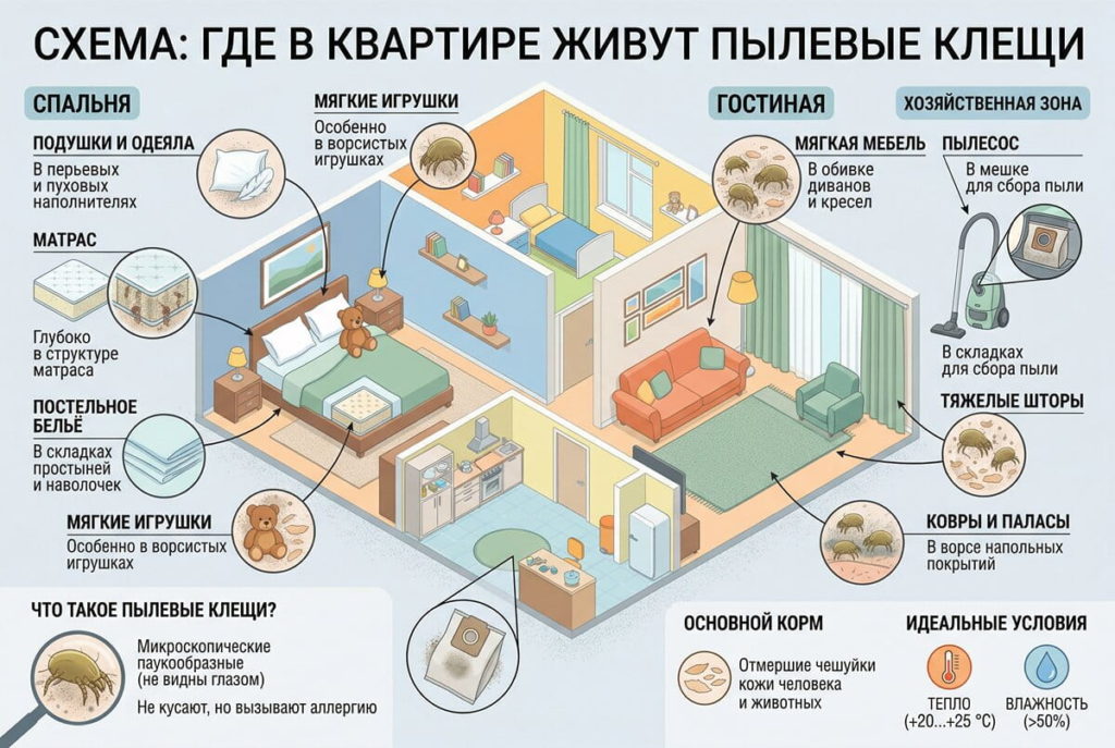 где обитают пылевые клещи в квартире — схема